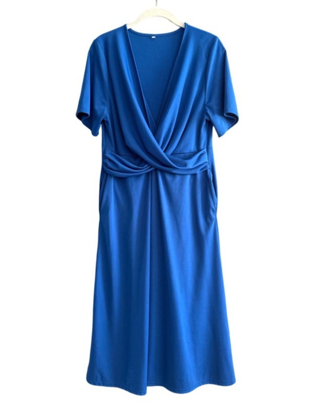 Short Sleeve Midi Dress Crisscross Top Pockets Jersey Knit Blue Size M